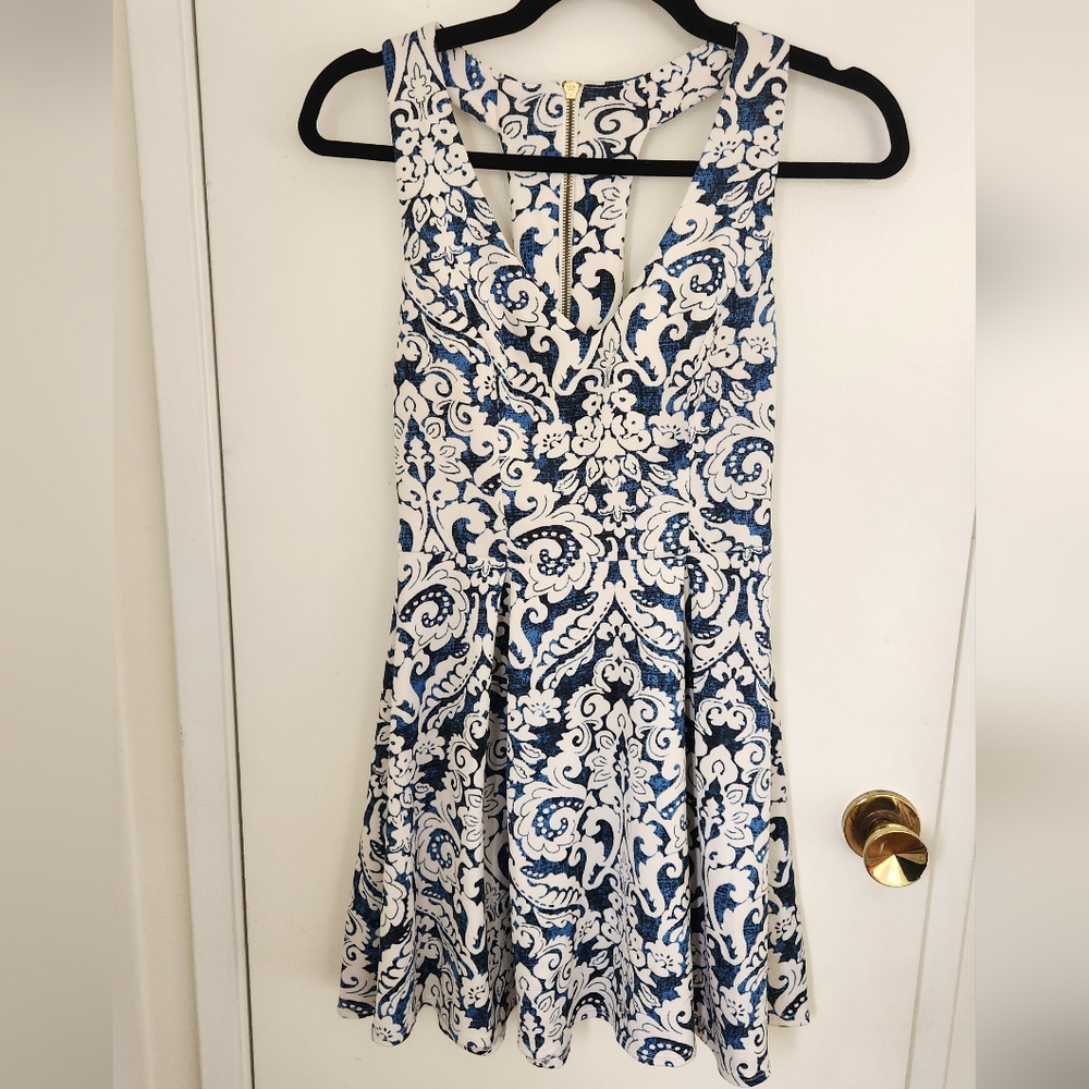 B Darlin Blue and White Sleeveless Halter Dress